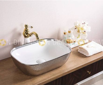 White/Silver Art Ceramic Wash Basin with Pop Up- GC-1101, Size :455 x 320 x 135
