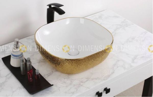 White/Gold Art Ceramic Wash Basin with Pop Up- GC-1104 Size :425 x 425 x 145