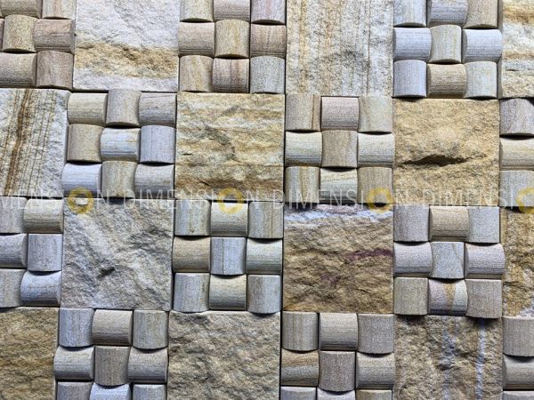 Cladding Stone Panel - DM-STK -104 (T) - Teak Moulding & Split mix Pattern - 300mm X 300mm    